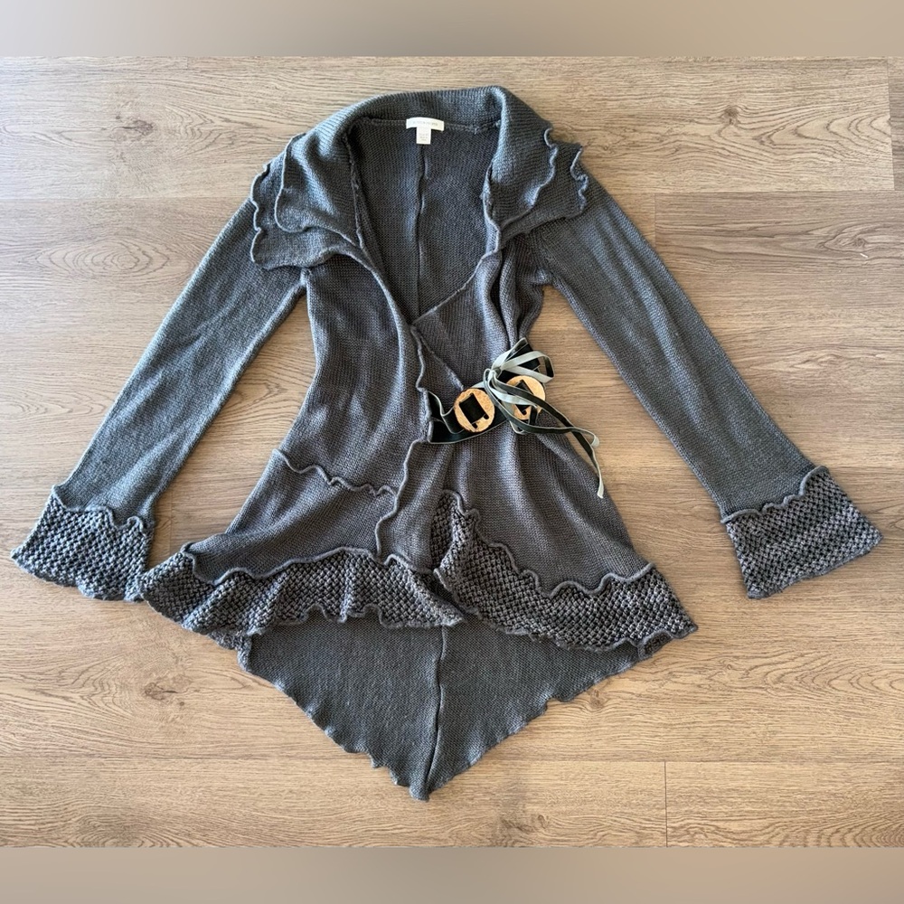 Boston Proper Asymmetrical Crochet Boho Gray Knit Ruffled Belted Cardigan Sz XS - Picture 4 of 16